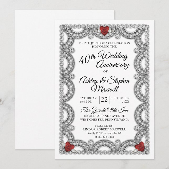 Invitation Fête des 40 ans de mariage de Rubis et Diamant (Devant / Derrière)
