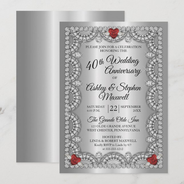 Invitation Fête des 40 ans de mariage de Rubis et Diamant (Devant / Derrière)