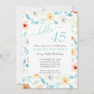Invitation Fête des 45 ans en écriture élégante florale jaune