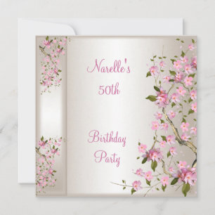 Invitation Fête des 50 ans Crème Soie Fleur Rose