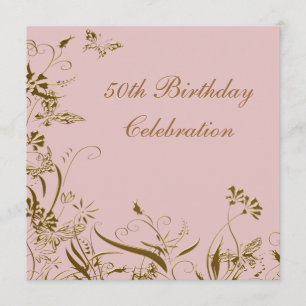 Invitation Fête des 50 ans de femme papillon rose or