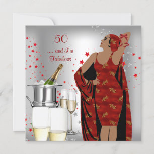 Invitation Fête des 50 ans Diva Rétro Art Déco Rouge Argent