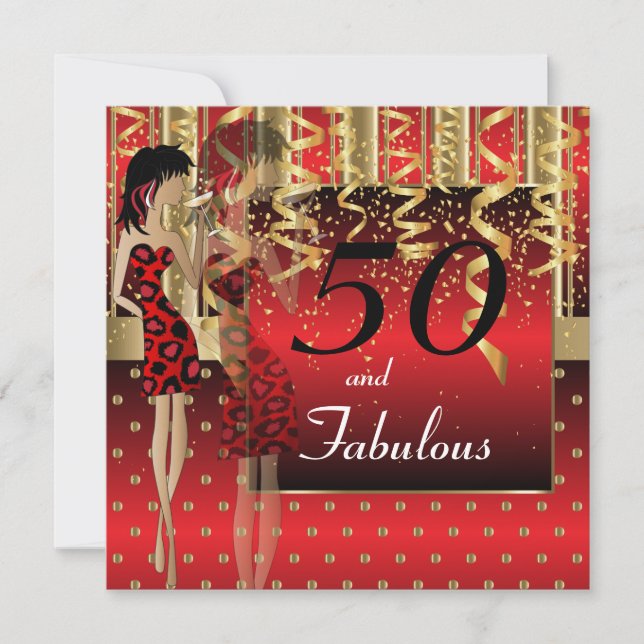 Invitation Fête des 50 ans | Fille | Thème Rouge et Or (Devant)