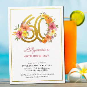 Invitation Fête des 60 ans Jolies Fleurs Dorées Numéro 60