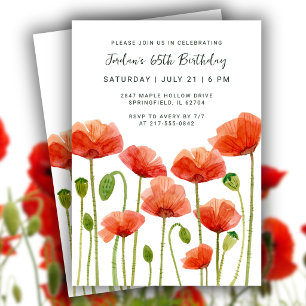 Invitation Fête des 65 ans Coquelicots Aquarelle Élégant