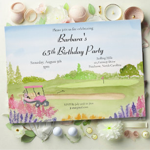 Invitation Fête des 65 ans - voiturette de golf rose sur terr