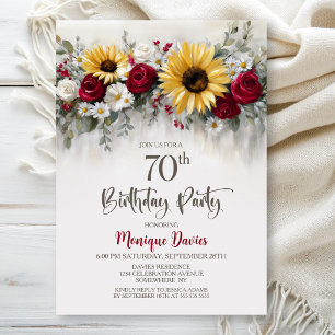 Invitation Fête des 70 ans aux fleurs de tournesol rose rouge
