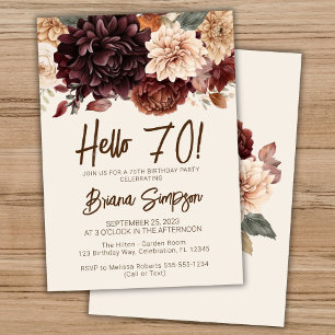 Invitation Fête des 70 ans Fleurs Brun Beige Ivoire
