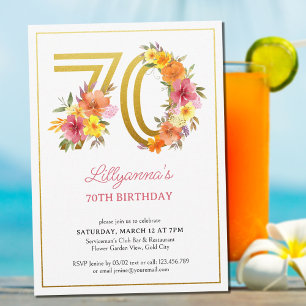 Invitation Fête des 70 ans Jolies Fleurs Or Chiffre 70
