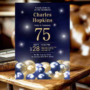 Invitation Fête des 75 ans Ballons Bleu Nuit Or Photo