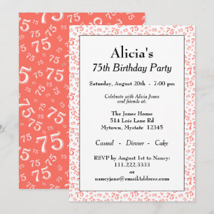 Invitation Fête des 75 ans Corail/Blanc Motif de nombres