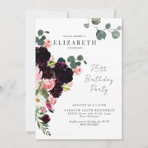 Invitation Fête des 75 ans Fleurs roses et bordeaux