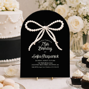 Invitation Fête des 75 ans Noir Blanc Perle Nœud Papillon Arc