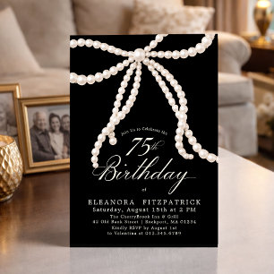 Invitation Fête des 75 ans Noir et Blanc Coquette Nœud Perle