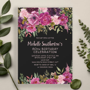 Invitation Fête des 80 ans Black Pink Purple Floral Glitter
