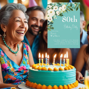 Invitation Fête des 80 ans Turquoise Fleurs Blanches en Casca