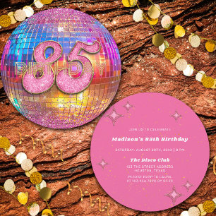 Invitation Fête des 85 ans Boule disco Paillettes Or Rose
