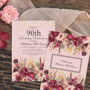 Invitation Fête des 90 ans Burgundy Fleur Rose Paillettes Dor