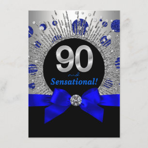 Invitation Fête des 90 ans d'une femme bleu royal et argent