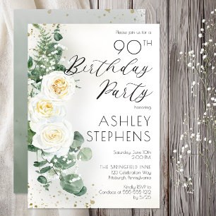 Invitation Fête des 90 ans Elégant Eucalyptus Rose Blanche