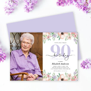 Invitation Fête des 90 ans Élégante Photo Florale Pastel