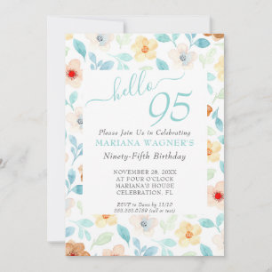 Invitation Fête des 95 ans écriture élégante florale sarcelle