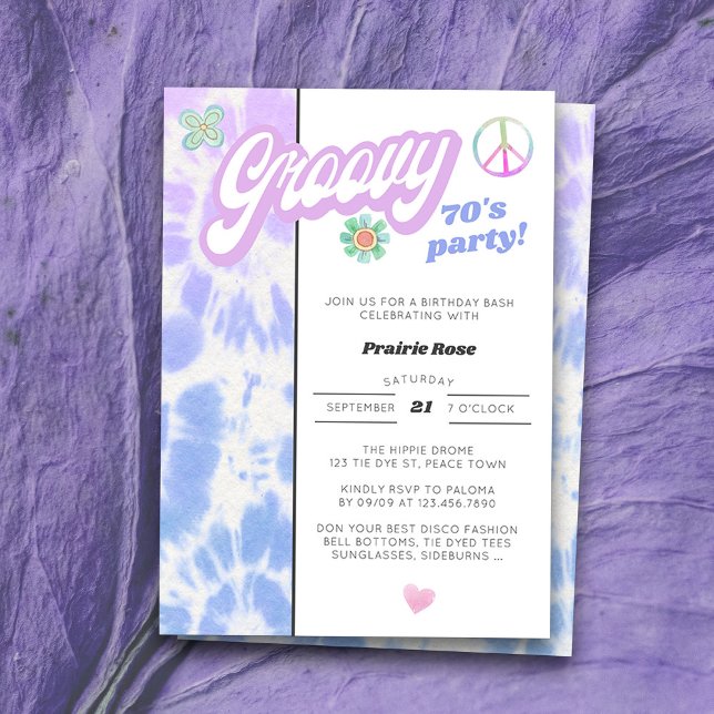 Invitation Fête des années 70 super Pastel Tie Dye Anniversai (Groovy 70's Birthday Party Invitation for anyone of any age with vintage retro tie dye style)