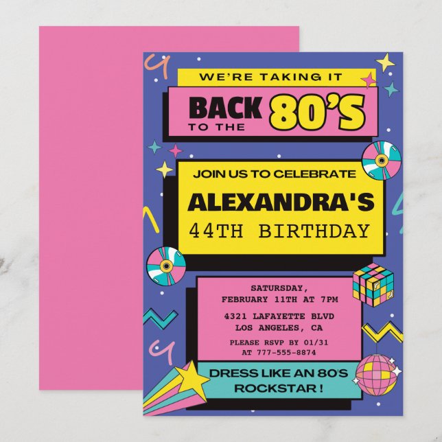 Invitation Fête des années 80 Budget Retro 44e anniversaire i (Devant / Derrière)