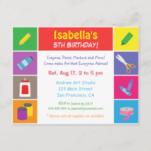 Invitation Fête des Anniversaires de enfants à thème Arts et 