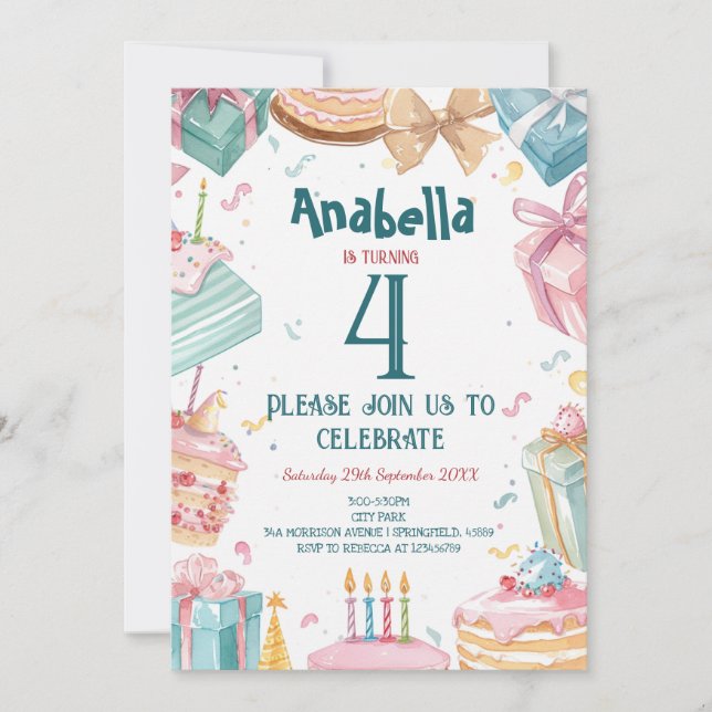 Invitation Fête des Anniversaires de enfants pour 4 ans et gâ (Devant)
