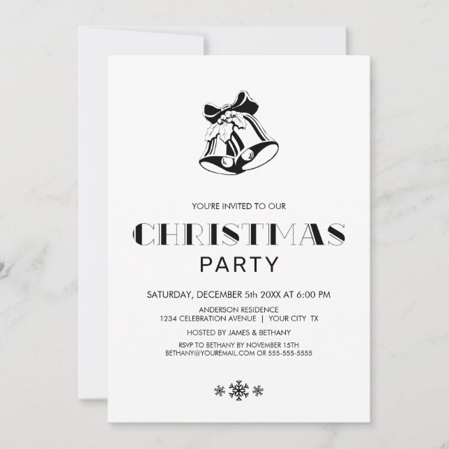Invitation Fête des cloches de Noël en noir et blanc (Devant)