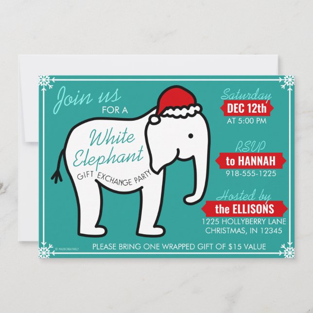 Invitation Fête des éléphants blancs Noël (Turquoise) Invitat (Devant)