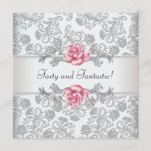 Invitation Fête des femmes rose rose Damask 40e anniversaire
