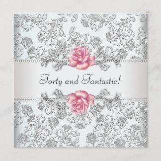 Invitation Fête des femmes rose rose Damask 40e anniversaire