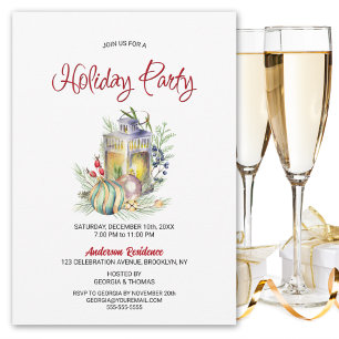 Invitation Fête des fêtes de Baubles et lanterne d'aquarelle
