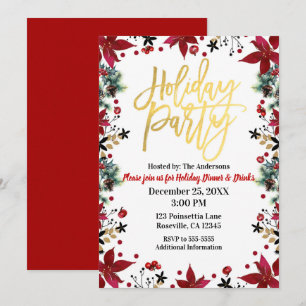 Invitation Fête des fêtes de l'or Poinsettia Noël floral