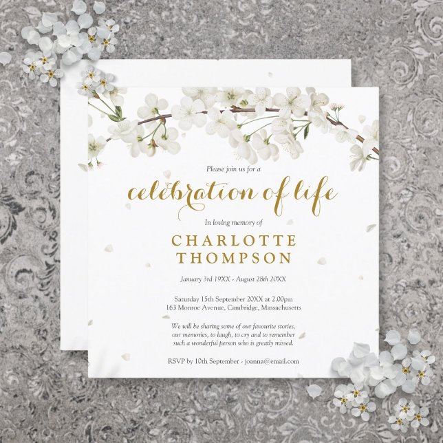 Invitation Fête des funérailles florales en fleurs blanches (White Blossom Floral Funeral Celebration of Life Invitation)