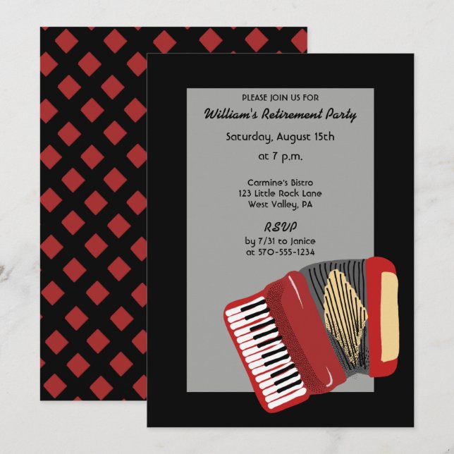 Invitation Fête des joueurs d'Accordion Noir et Rouge (Devant / Derrière)