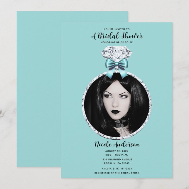 Invitation Fête des mariées à anneau turquoise Diamond bleu (Devant / Derrière)