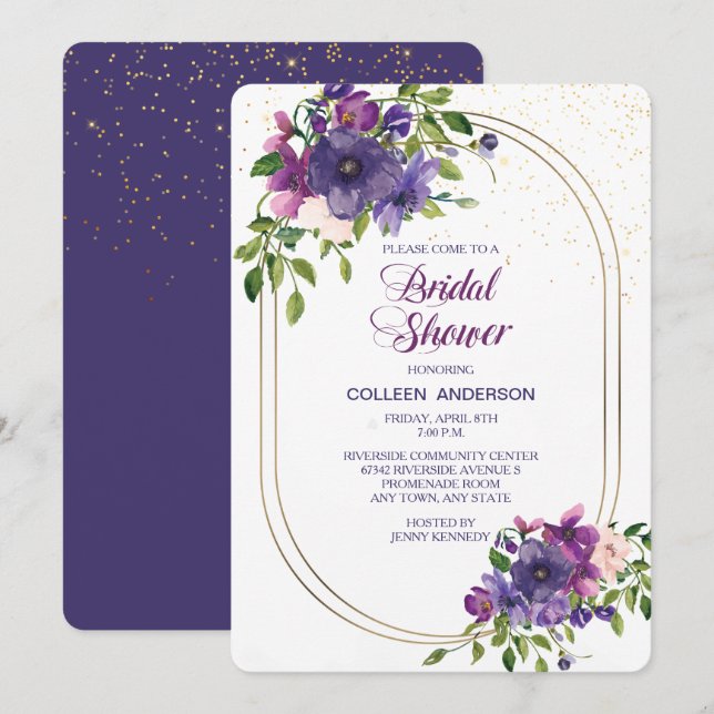 Invitation Fête des mariées à double cadre Rose violet bleu (Devant / Derrière)