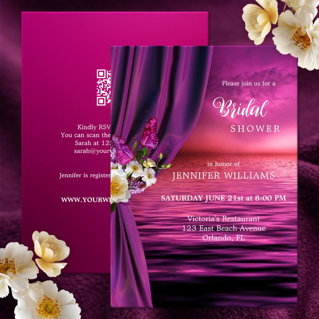 Invitation Fête des mariées à papillon jaune d'océan (Bridal shower invitation featuring roses with butterflies on a purple curtain overlooking an ocean)