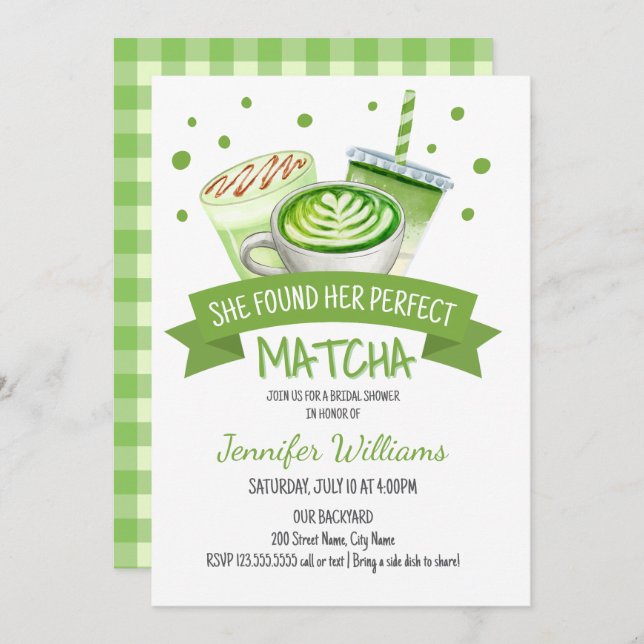 Invitation Fête des mariées à thème Matcha (Devant / Derrière)