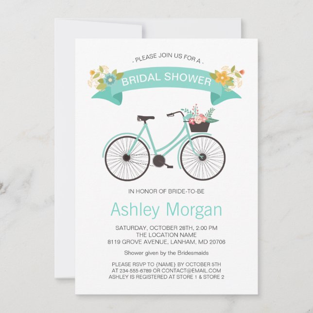 Invitation Fête des mariées à vélo Pastel Mint Floral (Devant)