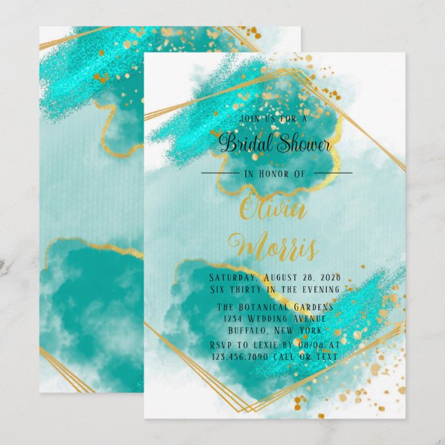 Invitation Fête des mariées Agate Turquoise et Gold Geometric (Devant / Derrière)