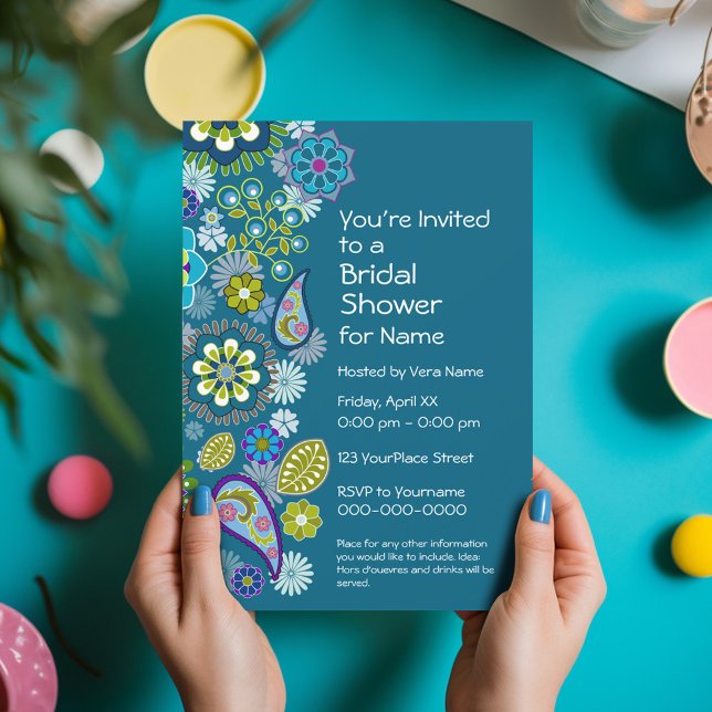 Invitation Fête des mariées - Amusant motif floral - bleu tur (Funky Floral Bridal Shower Invitation - Retro Flowers and Deep Colors)