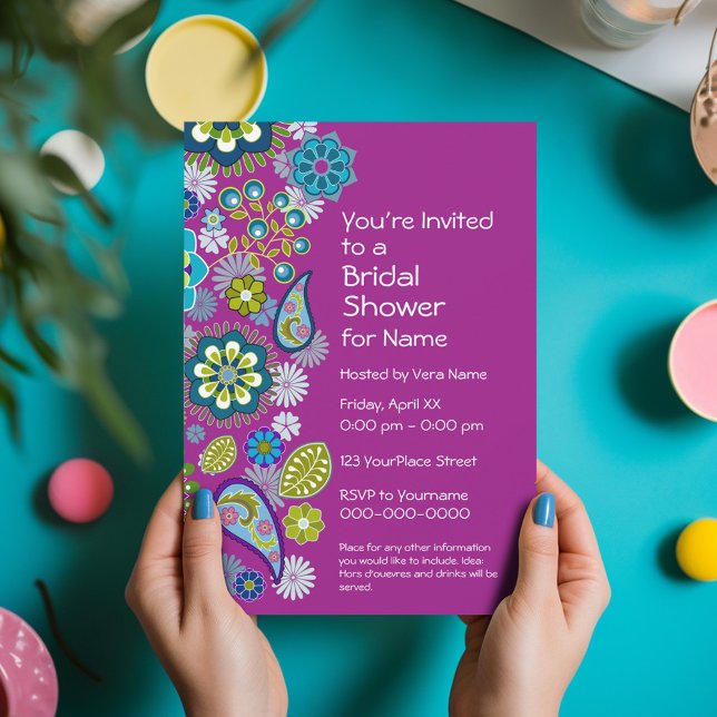 Invitation Fête des mariées - Amusants motifs floraux - magen (Funky Floral Bridal Shower Invitation - Retro Flowers and Deep Colors)