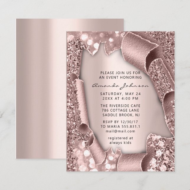 Invitation Fête des mariées Anniversaire SWEET 16ème Rose Par (Devant / Derrière)
