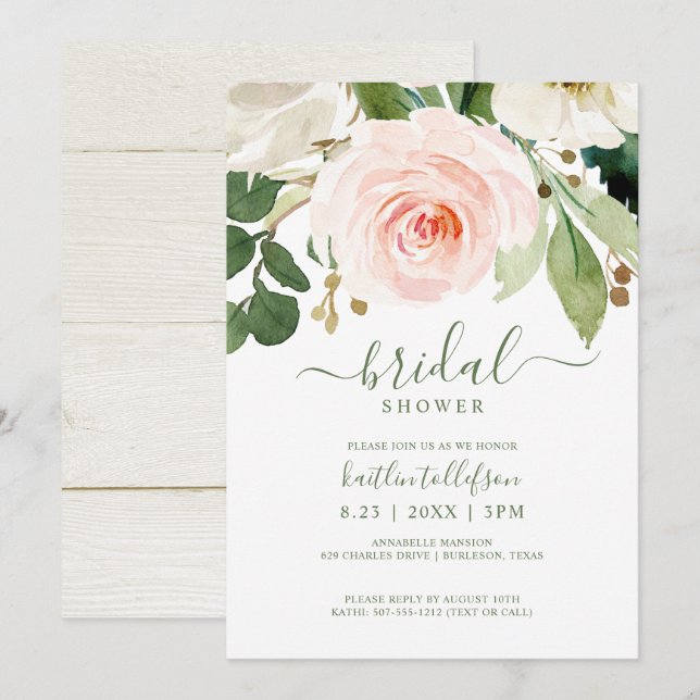 Invitation Fête des mariées Aquarelle Bouquet rose pâle (Devant / Derrière)