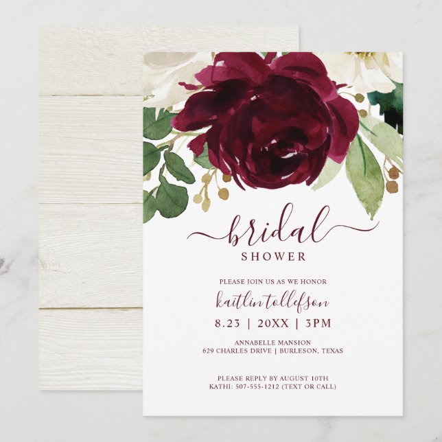 Invitation Fête des mariées Aquarelle Bouquet Vin Bourgogne (Devant / Derrière)