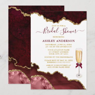 Invitation Fête des mariées Aquarelle Burgundy Marble Geode